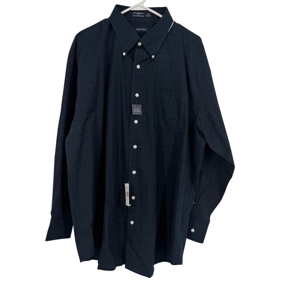 Nautica Button Down Shirt Mens 18 34/35 Black Blue Plaid NWT Preppy Business - Picture 2 of 8